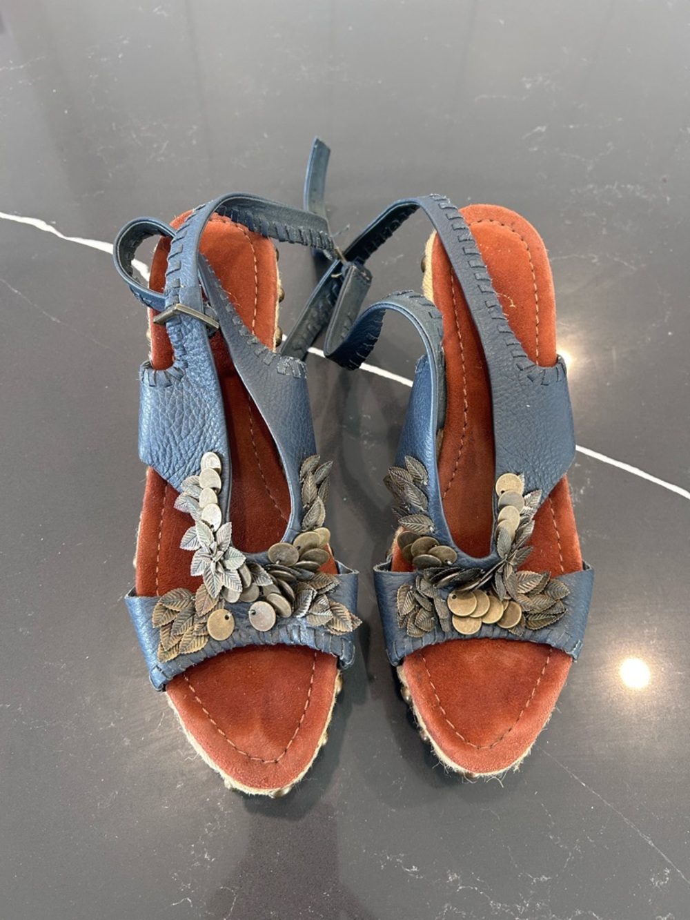 Sam Edelman Blue Floral Espadrille Wedge Sandals Leather Strap Summer Shoes